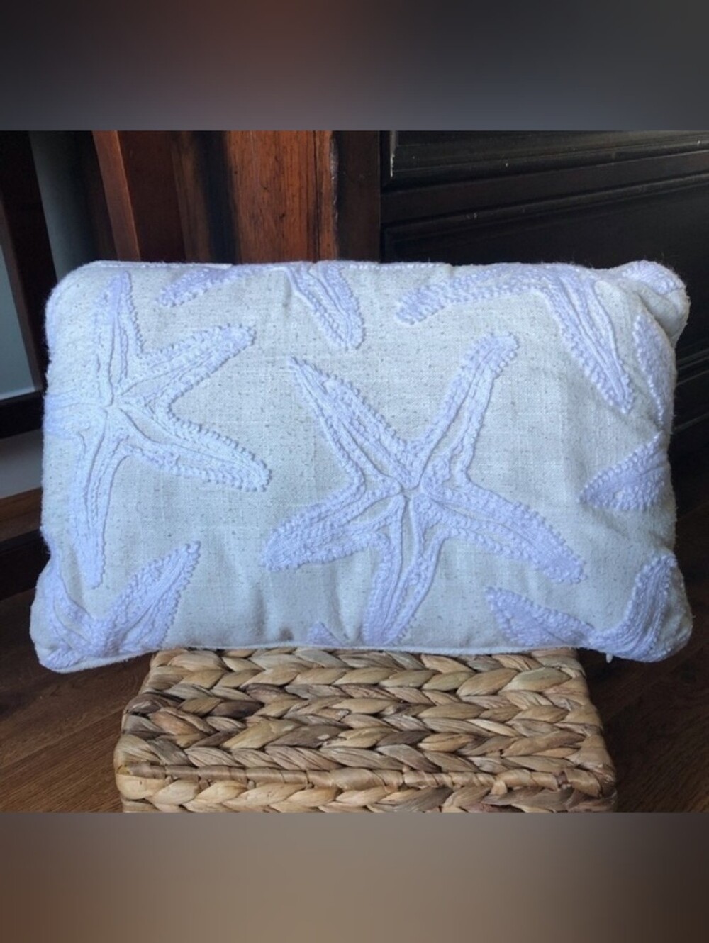 Cream and white starfish embroidered rectangle lumbar pillow